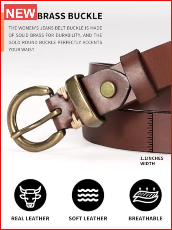 Genuine Leather Belt with Solid Brass Circle Buckle for Jeans main image 5
